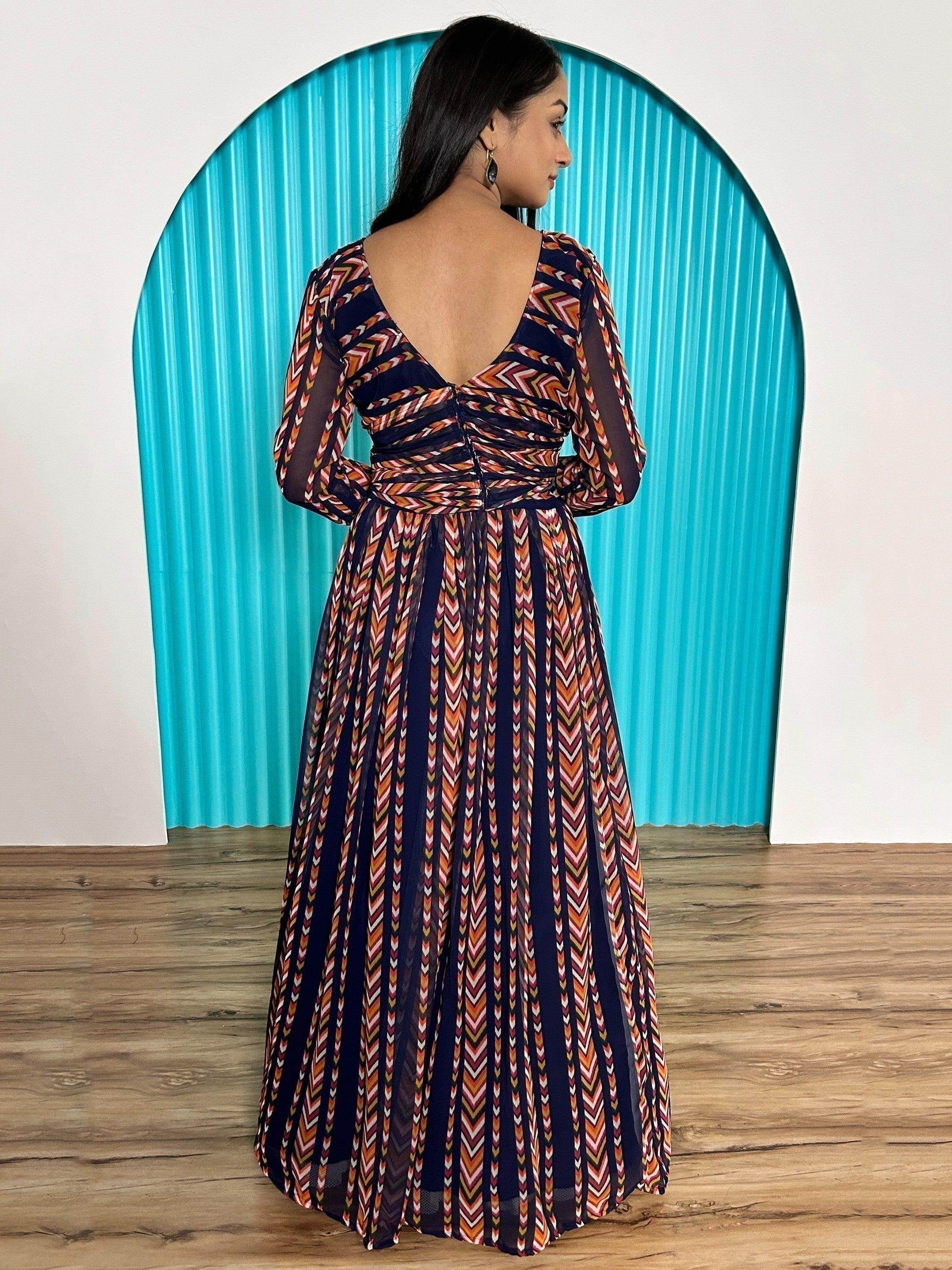 Alluring Navy-Blue & Orange Digital Printed Georgette Designer Gown - Zeel Clothing