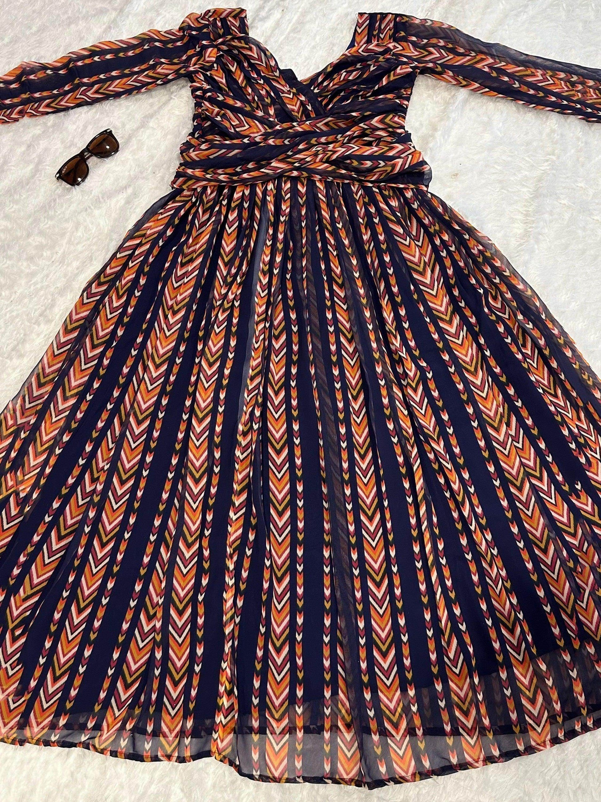 Alluring Navy-Blue & Orange Digital Printed Georgette Designer Gown - Zeel Clothing