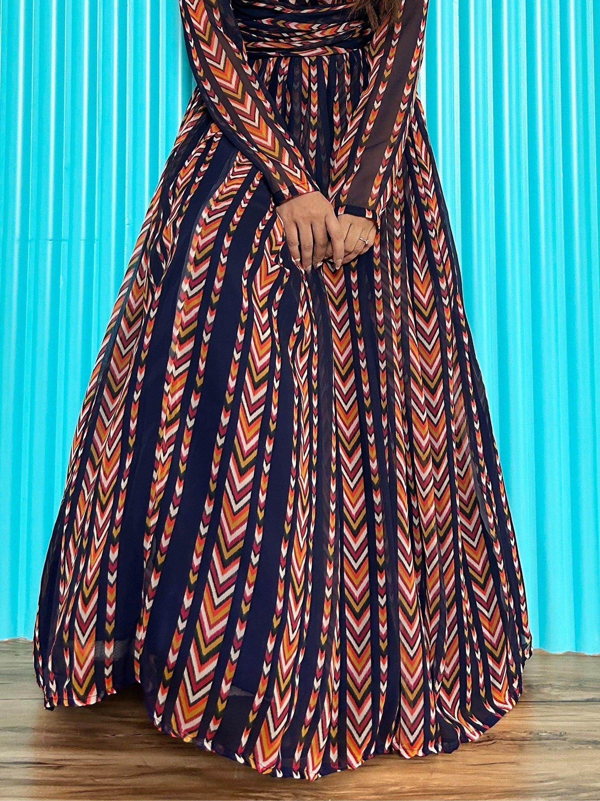 Alluring Navy-Blue & Orange Digital Printed Georgette Designer Gown - Zeel Clothing