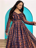 Alluring Navy-Blue & Orange Digital Printed Georgette Designer Gown - Zeel Clothing