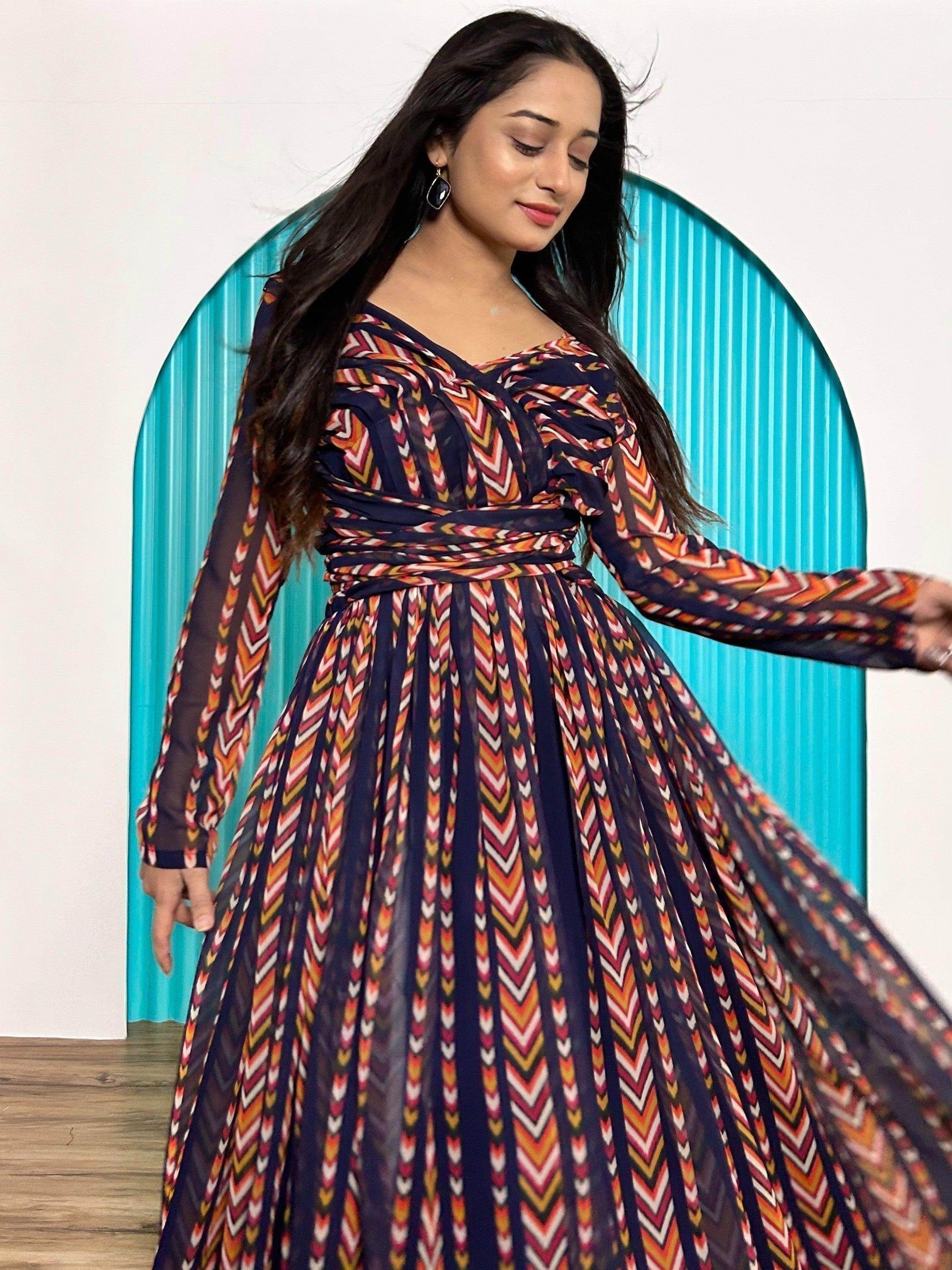 Alluring Navy-Blue & Orange Digital Printed Georgette Designer Gown - Zeel Clothing
