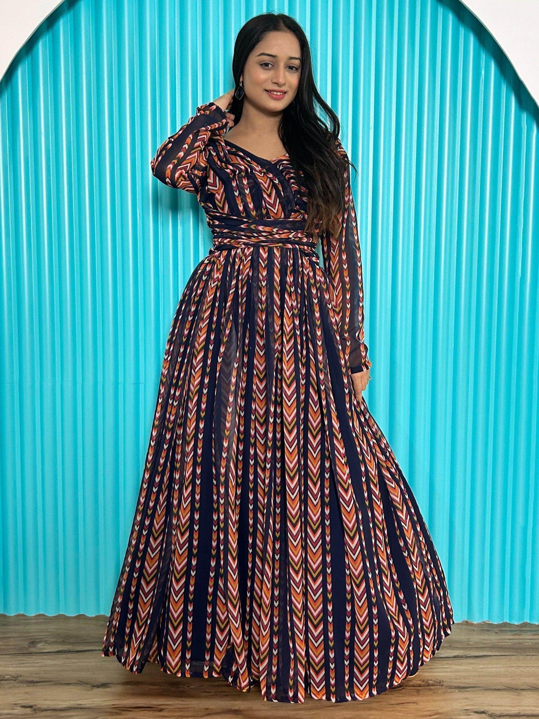 Alluring Navy-Blue & Orange Digital Printed Georgette Designer Gown - Zeel Clothing