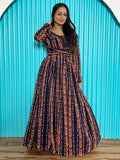 Alluring Navy-Blue & Orange Digital Printed Georgette Designer Gown - Zeel Clothing