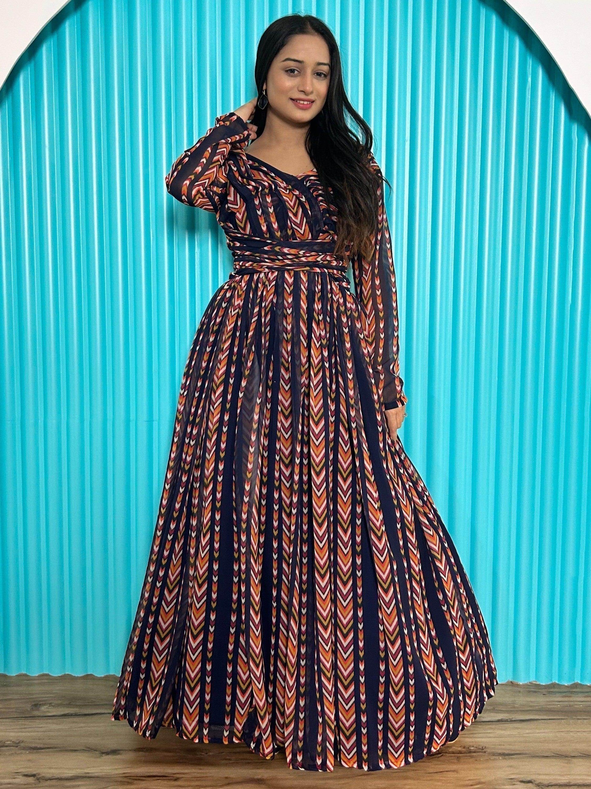 Alluring Navy-Blue & Orange Digital Printed Georgette Designer Gown - Zeel Clothing