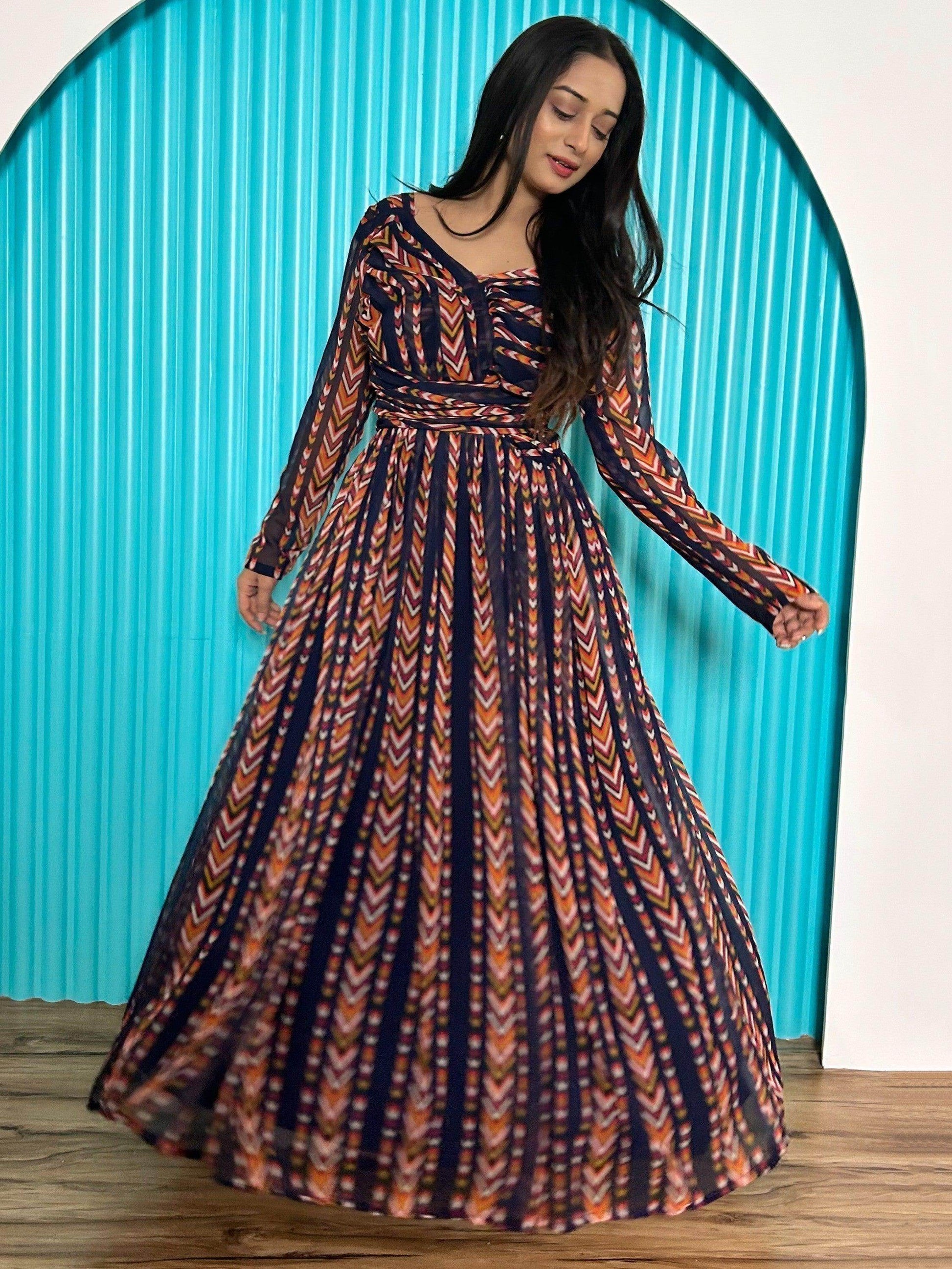 Alluring Navy-Blue & Orange Digital Printed Georgette Designer Gown - Zeel Clothing