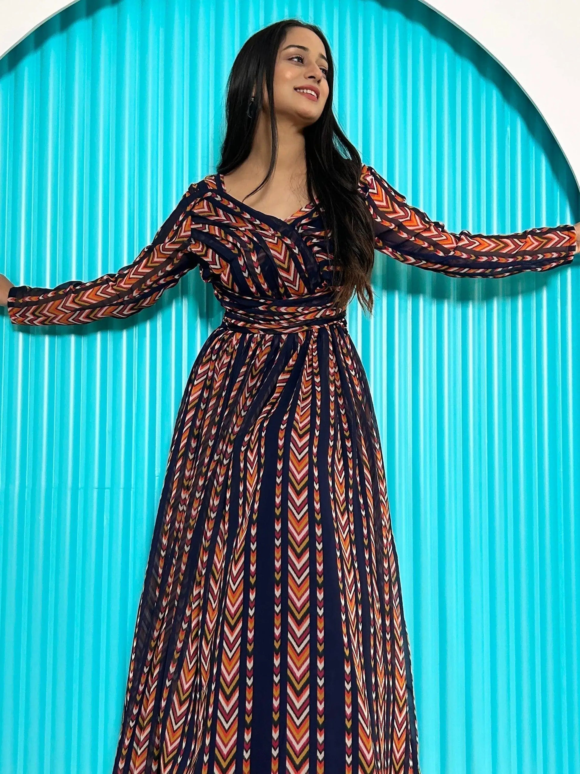Alluring Navy-Blue & Orange Digital Printed Georgette Designer Gown - Zeel Clothing