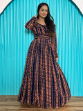 Alluring Navy-Blue & Orange Digital Printed Georgette Designer Gown - Zeel Clothing