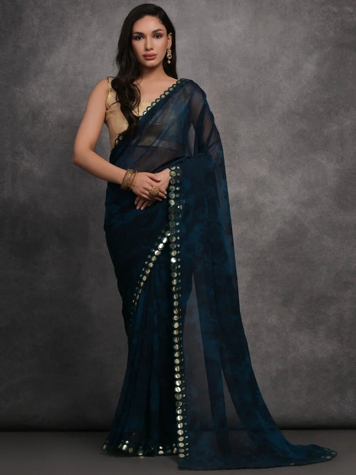 Alluring Navy-Blue Digital Printed Georgette Saree With Blouse