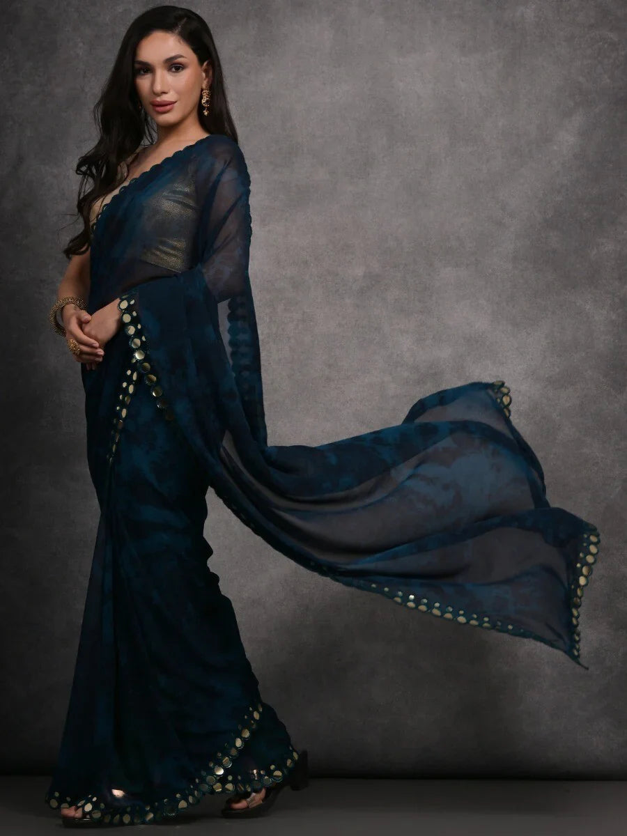 Alluring Navy-Blue Digital Printed Georgette Saree With Blouse