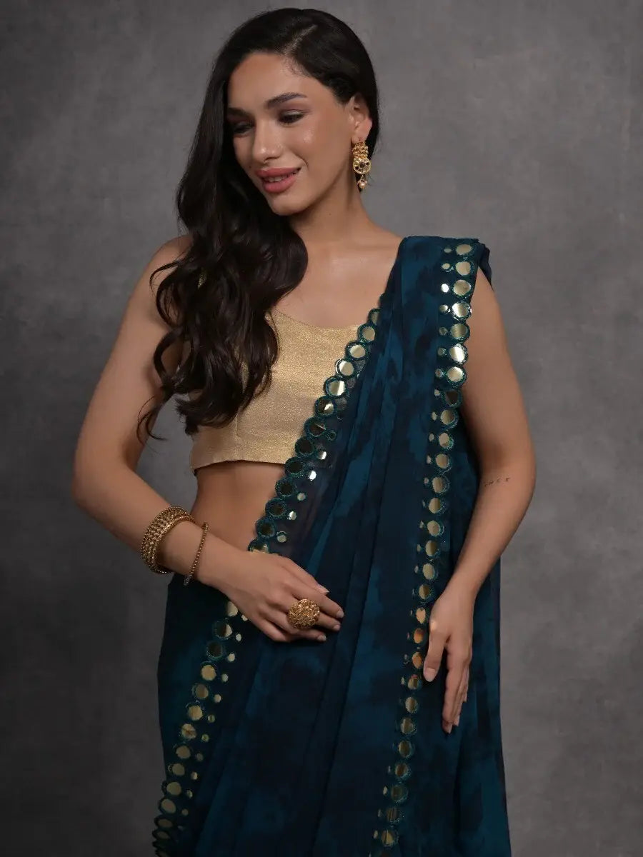 Alluring Navy-Blue Digital Printed Georgette Saree With Blouse - Zeel Clothing