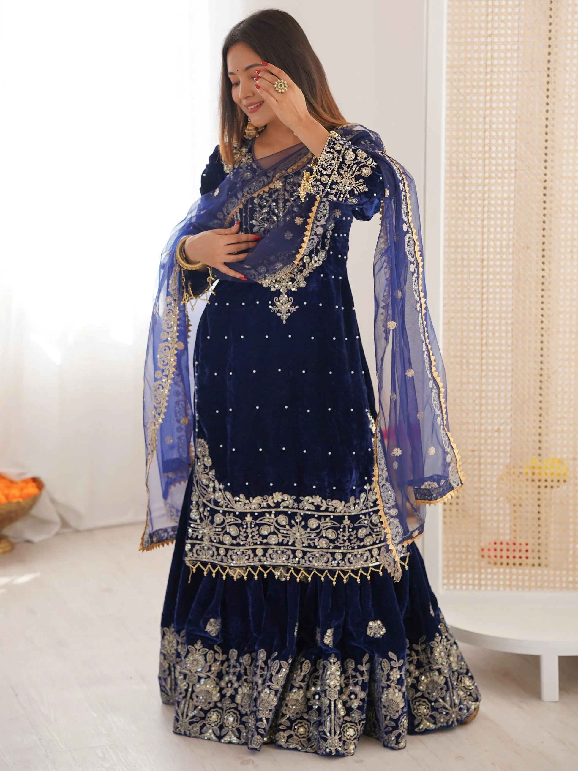 Alluring Navy Blue Dori Embroidery Velvet Reception Wear Sharara Suit