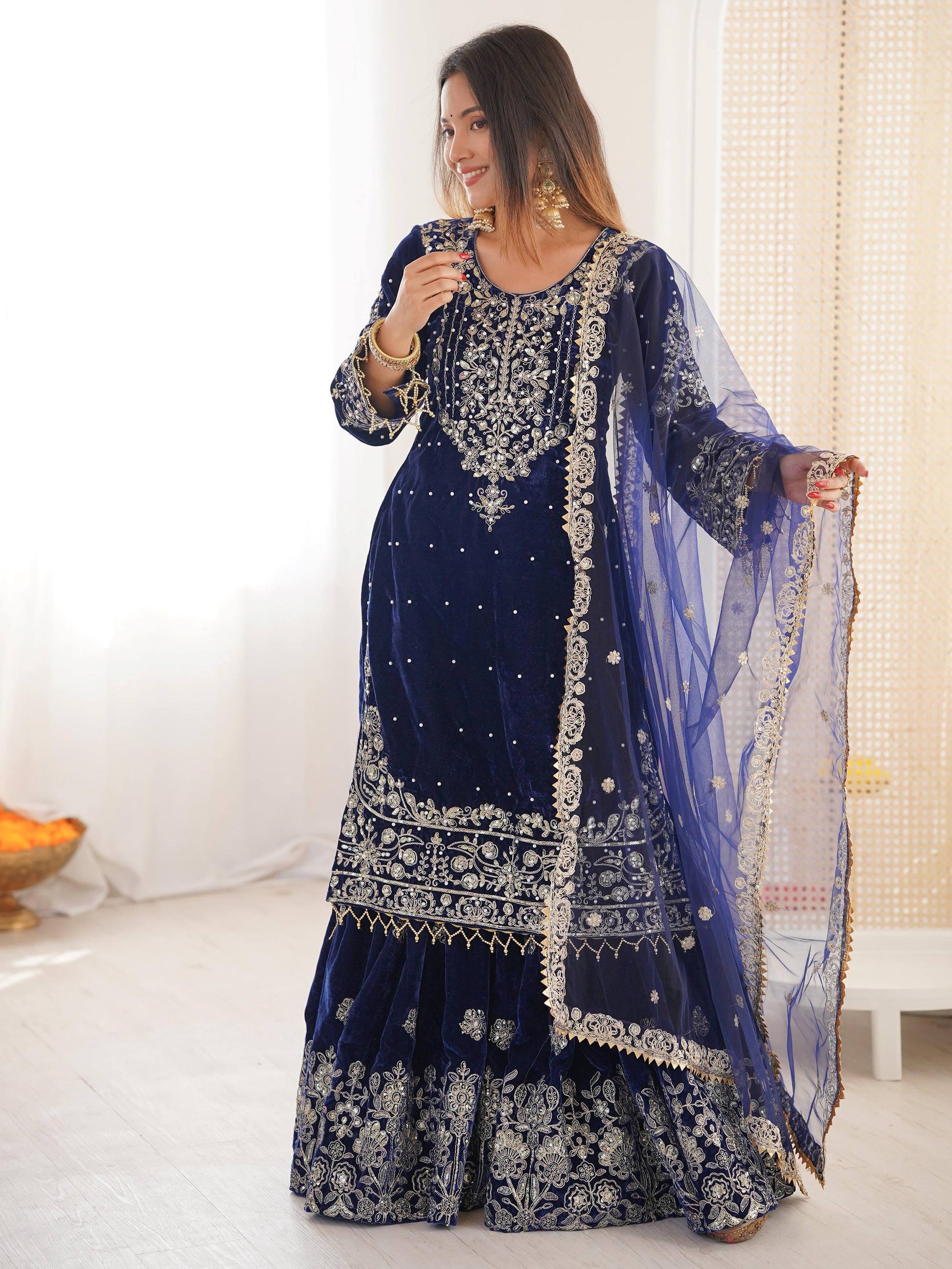 Alluring Navy Blue Dori Embroidery Velvet Reception Wear Sharara Suit