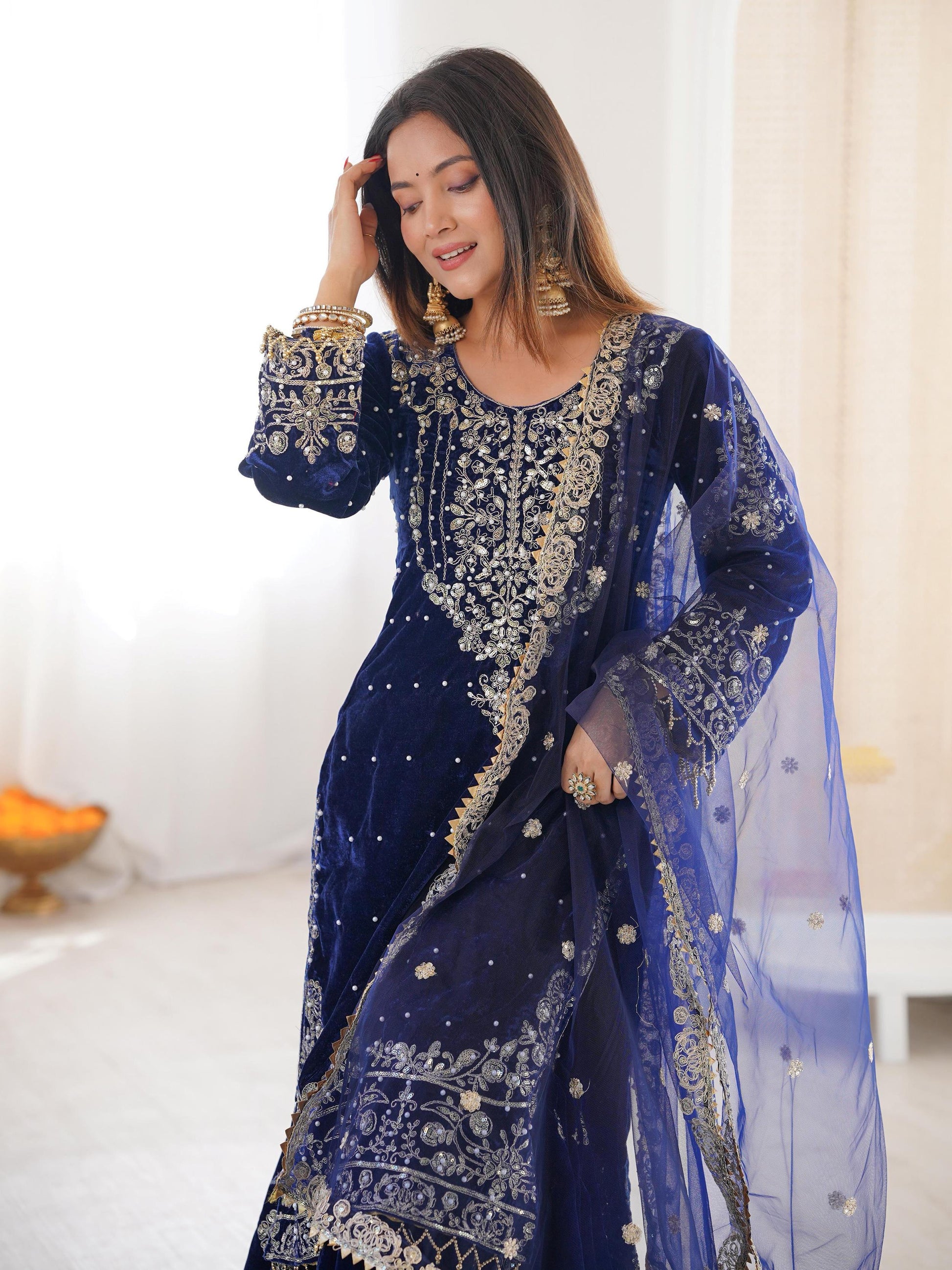Alluring Navy Blue Dori Embroidery Velvet Reception Wear Sharara Suit