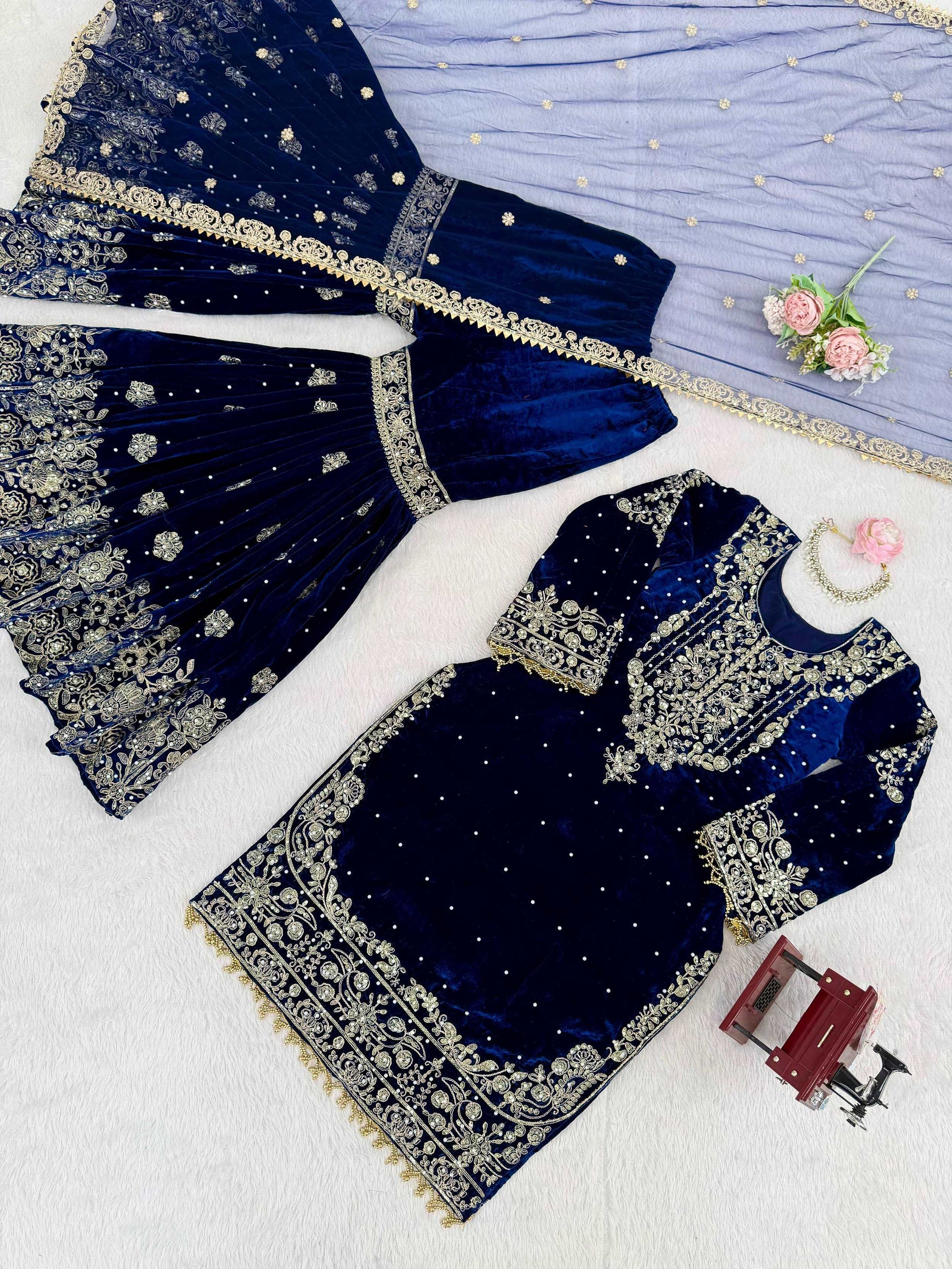 Alluring Navy Blue Dori Embroidery Velvet Reception Wear Sharara Suit
