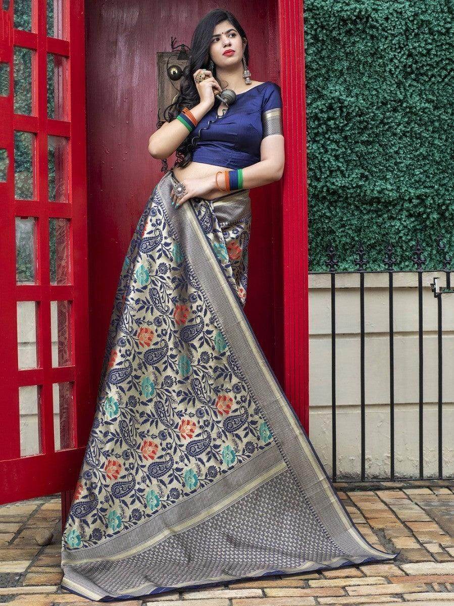 Alluring Navy Blue Floral Weaving Banarasi Silk Festive Saree With Blouse - Zeel Clothing