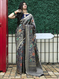 Alluring Navy Blue Floral Weaving Banarasi Silk Festive Saree With Blouse - Zeel Clothing