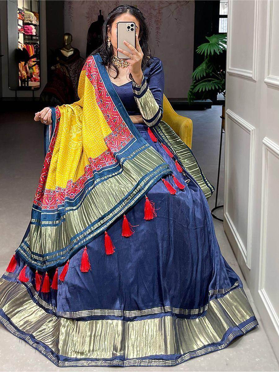 Alluring Navy Blue Gaji Silk Lehenga Choli With Bandhani Dupatta - Zeel Clothing