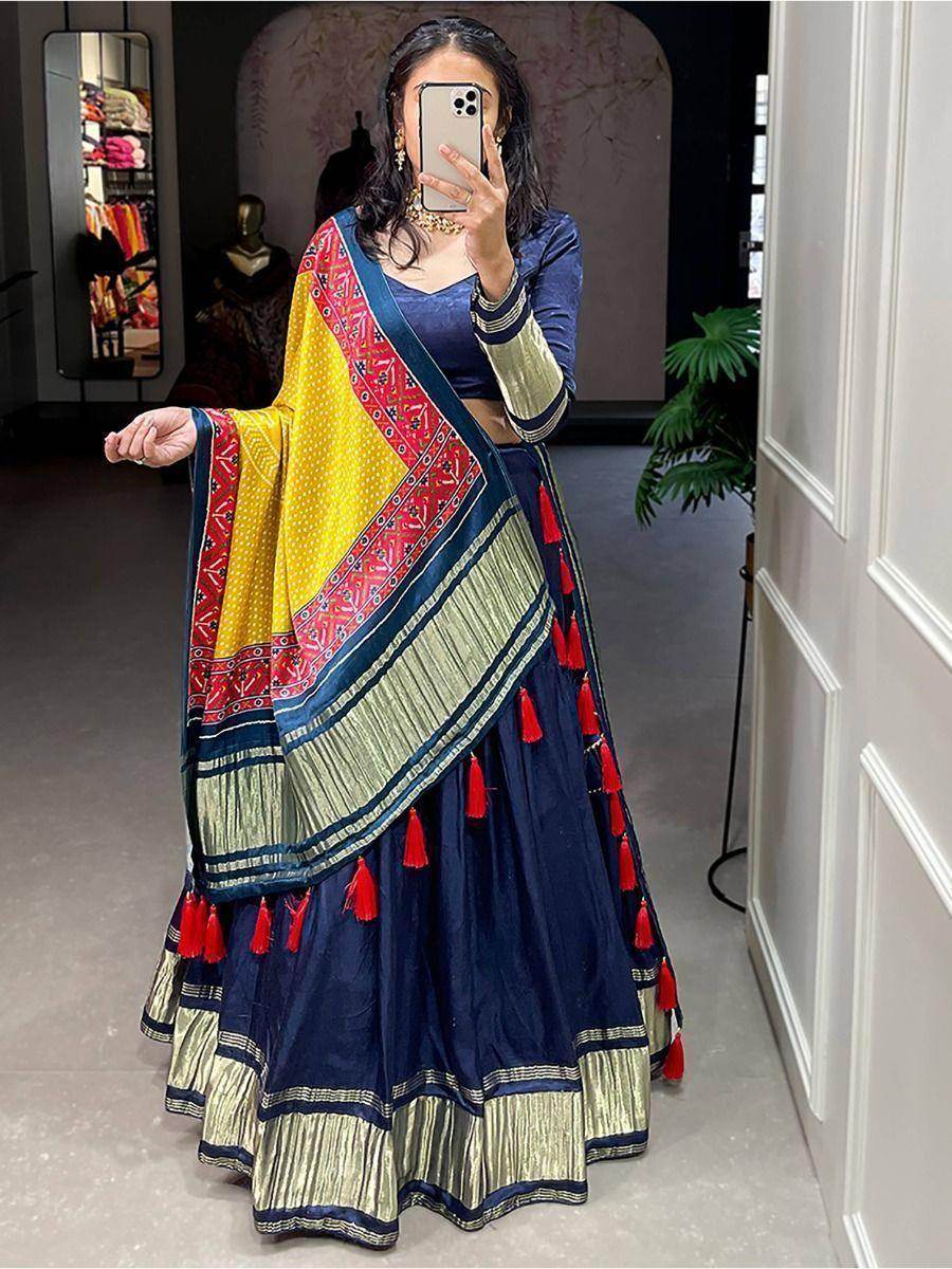 Alluring Navy Blue Gaji Silk Lehenga Choli With Bandhani Dupatta - Zeel Clothing