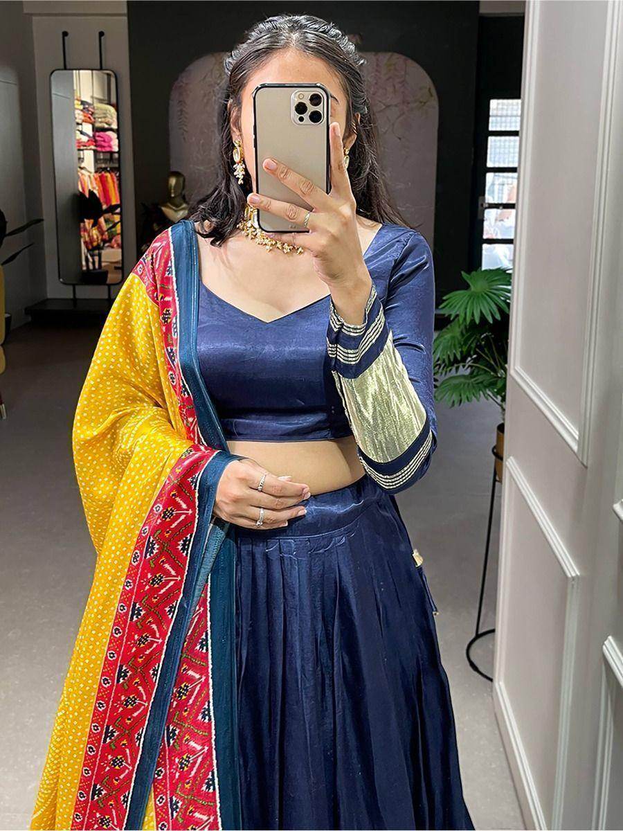 Alluring Navy Blue Gaji Silk Lehenga Choli With Bandhani Dupatta - Zeel Clothing