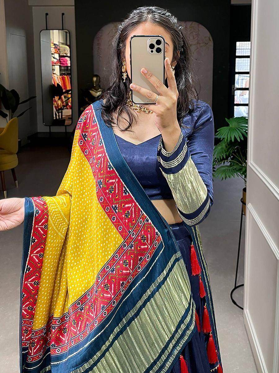 Alluring Navy Blue Gaji Silk Lehenga Choli With Bandhani Dupatta - Zeel Clothing