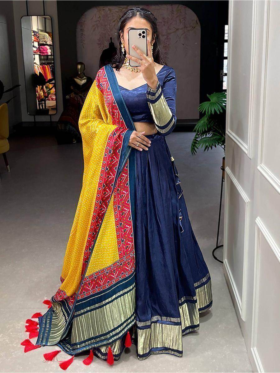 Alluring Navy Blue Gaji Silk Lehenga Choli With Bandhani Dupatta - Zeel Clothing