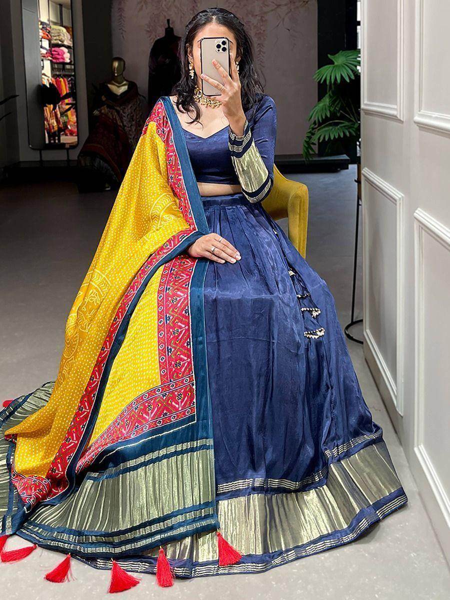 Alluring Navy Blue Gaji Silk Lehenga Choli With Bandhani Dupatta - Zeel Clothing