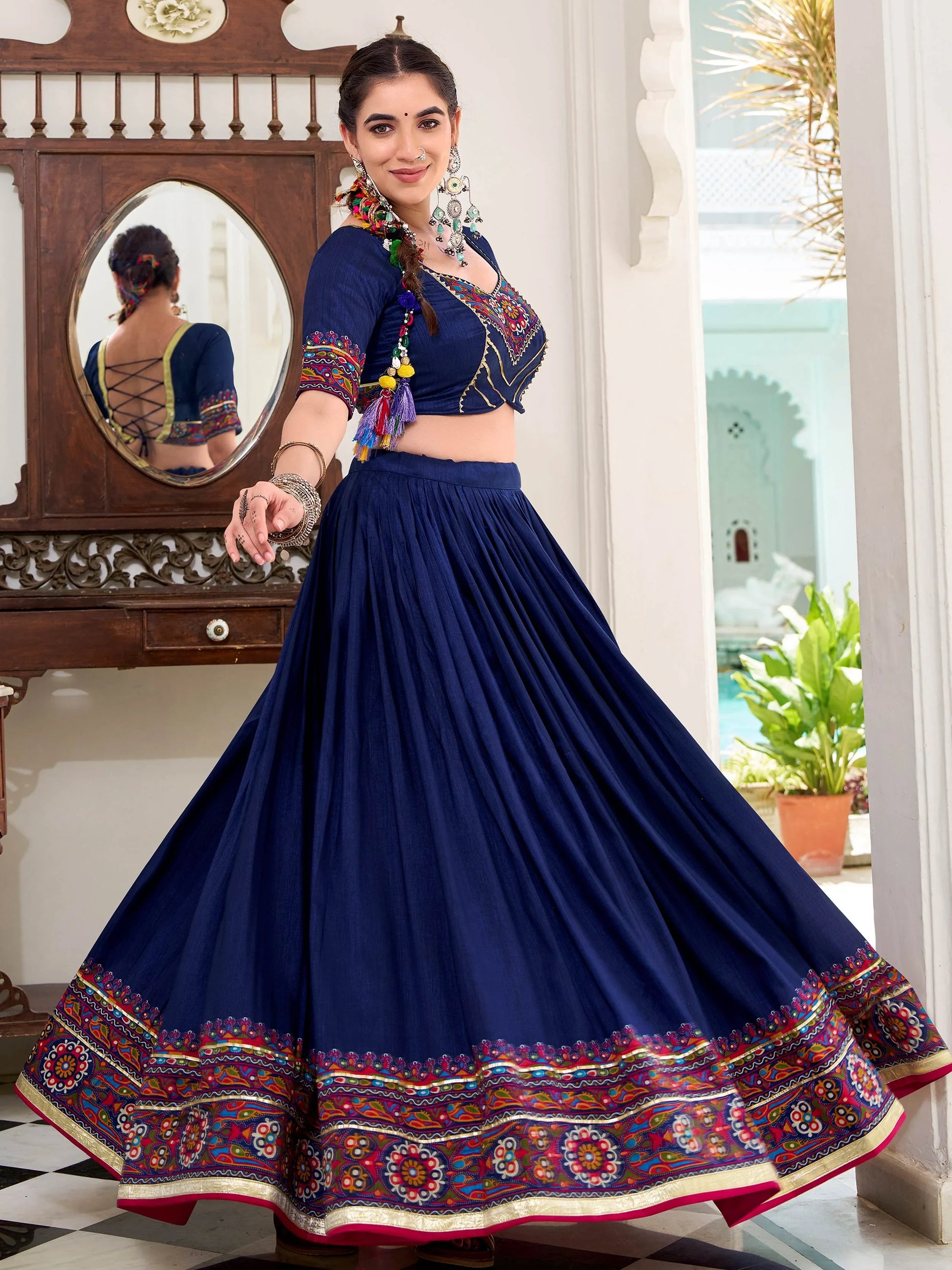 Alluring Navy Blue Gamthi Print Tussar Silk Traditional Lehenga Choli - Zeel Clothing