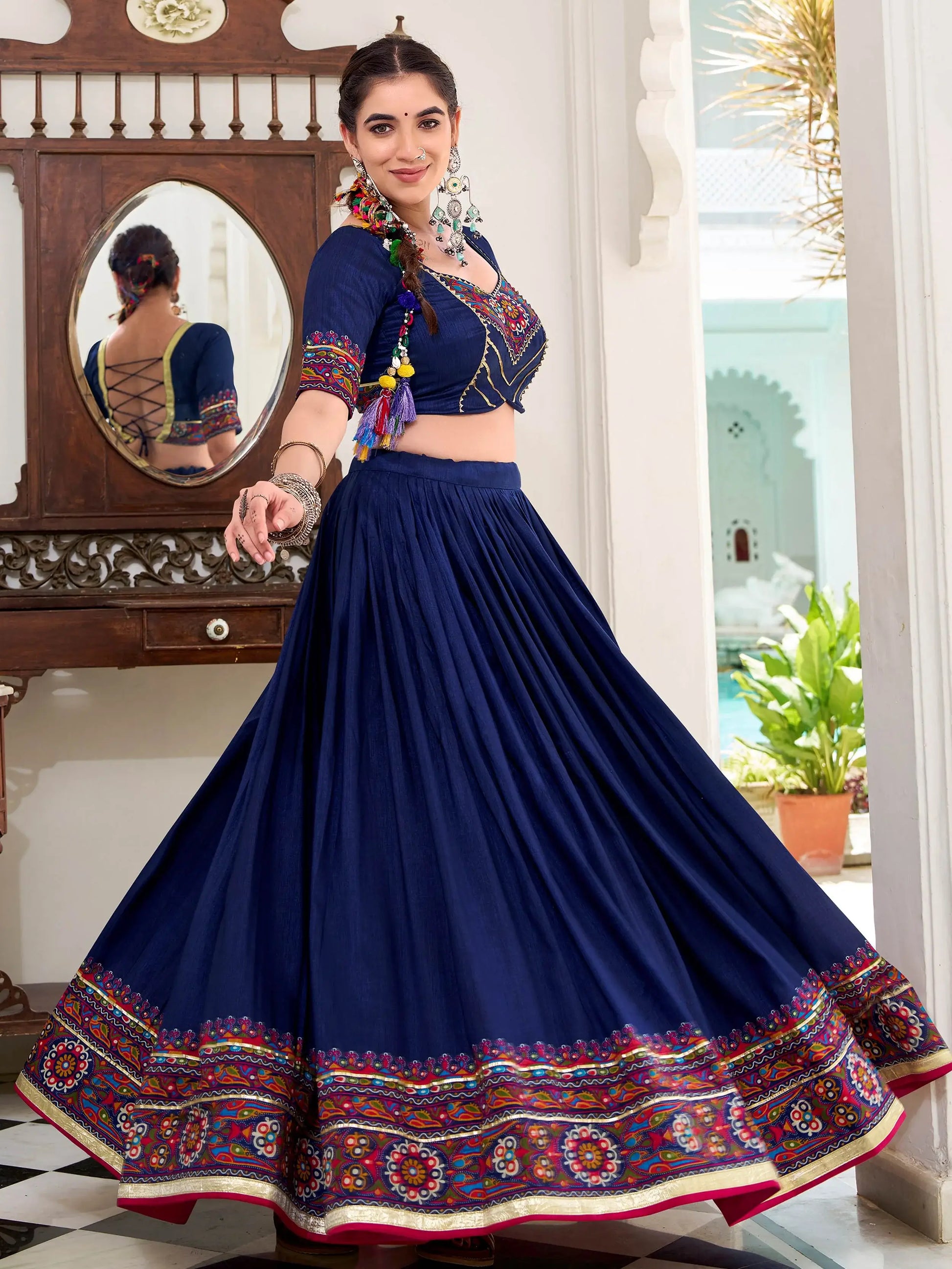 Alluring Navy Blue Gamthi Print Tussar Silk Traditional Lehenga Choli - Zeel Clothing