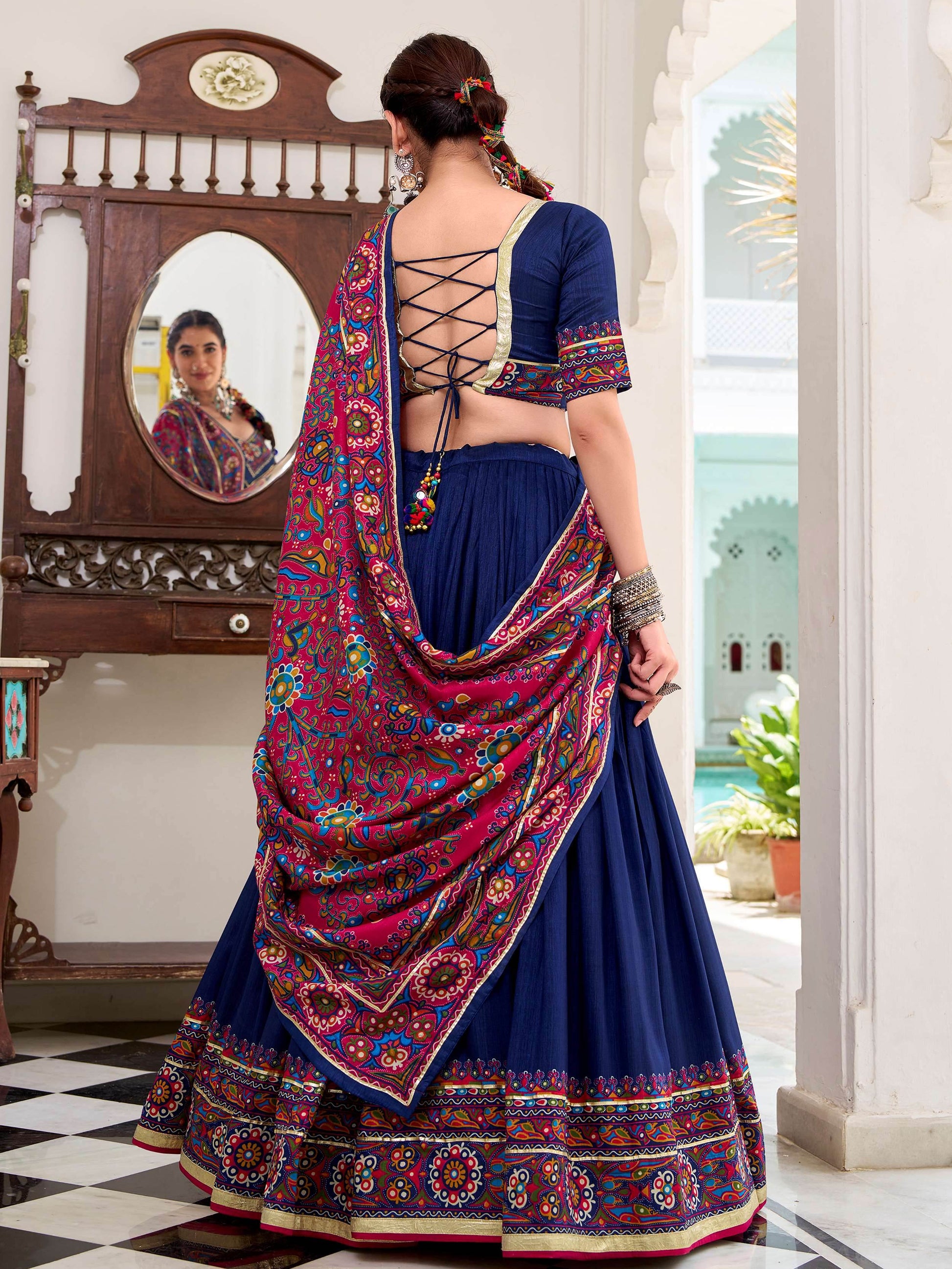 Alluring Navy Blue Gamthi Print Tussar Silk Traditional Lehenga Choli - Zeel Clothing