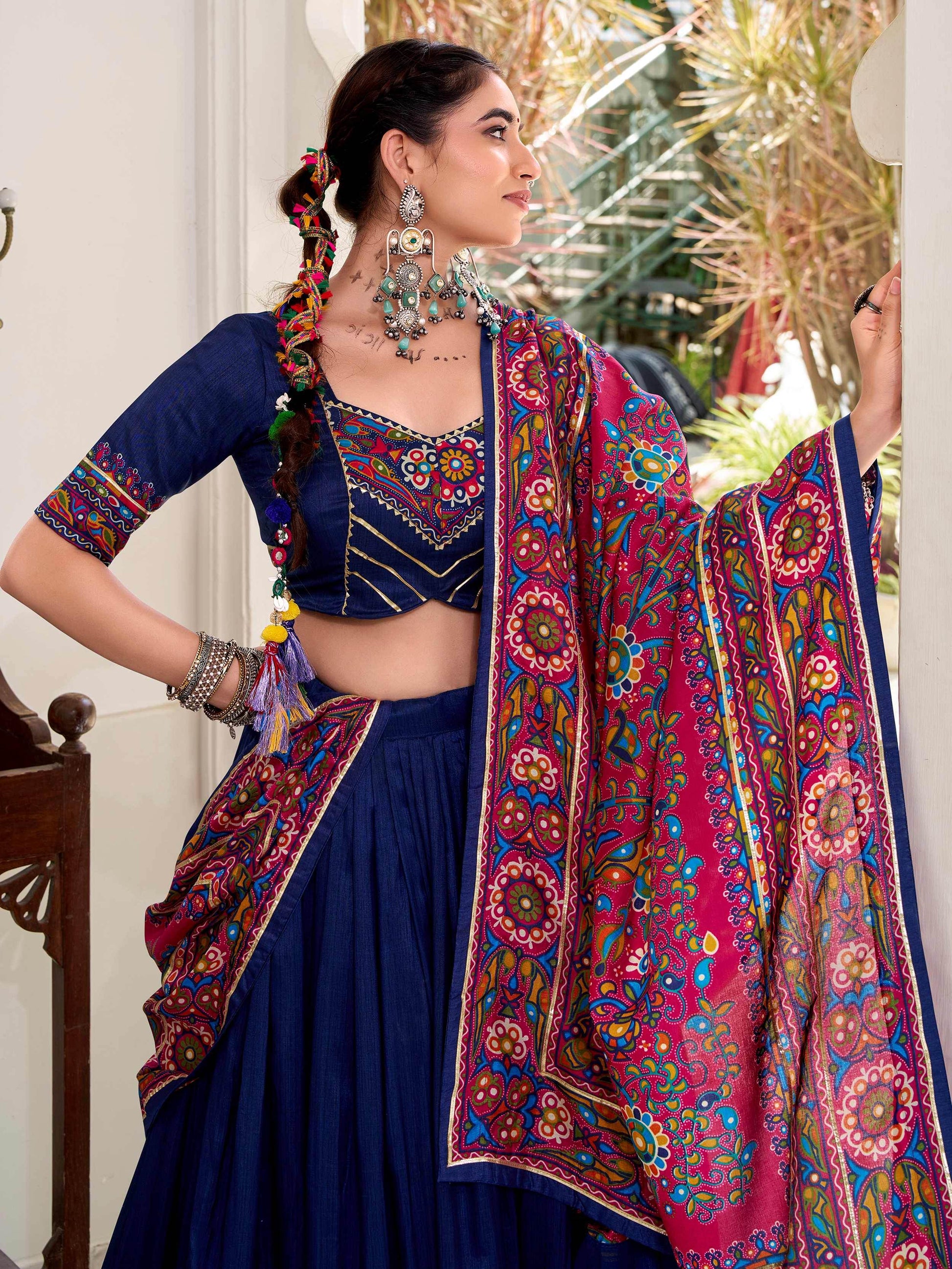 Alluring Navy Blue Gamthi Print Tussar Silk Traditional Lehenga Choli - Zeel Clothing