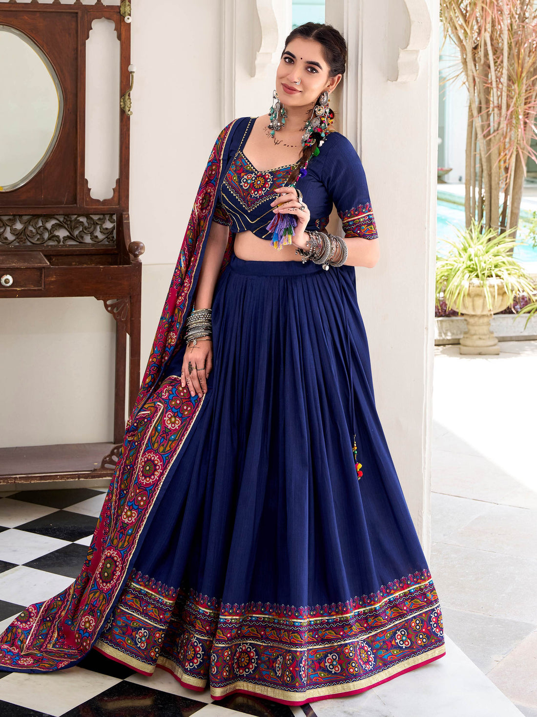 Alluring Navy Blue Gamthi Print Tussar Silk Traditional Lehenga Choli - Zeel Clothing