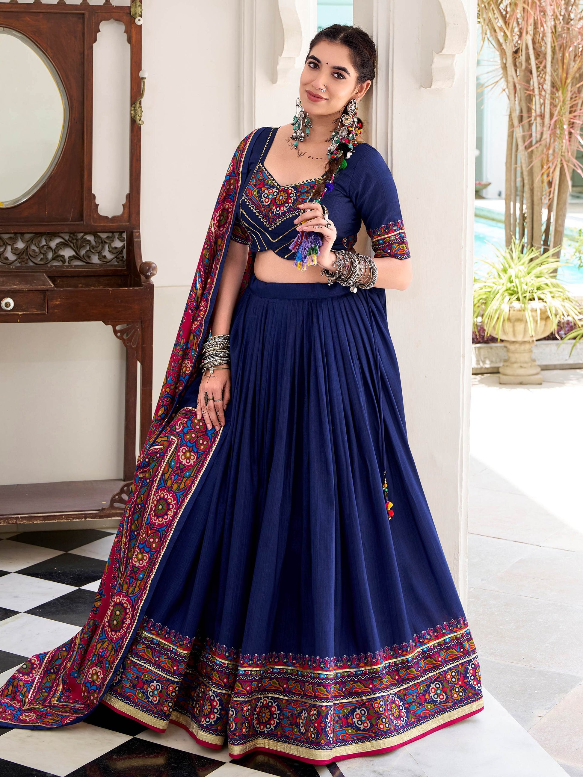 Alluring Navy Blue Gamthi Print Tussar Silk Traditional Lehenga Choli - Zeel Clothing