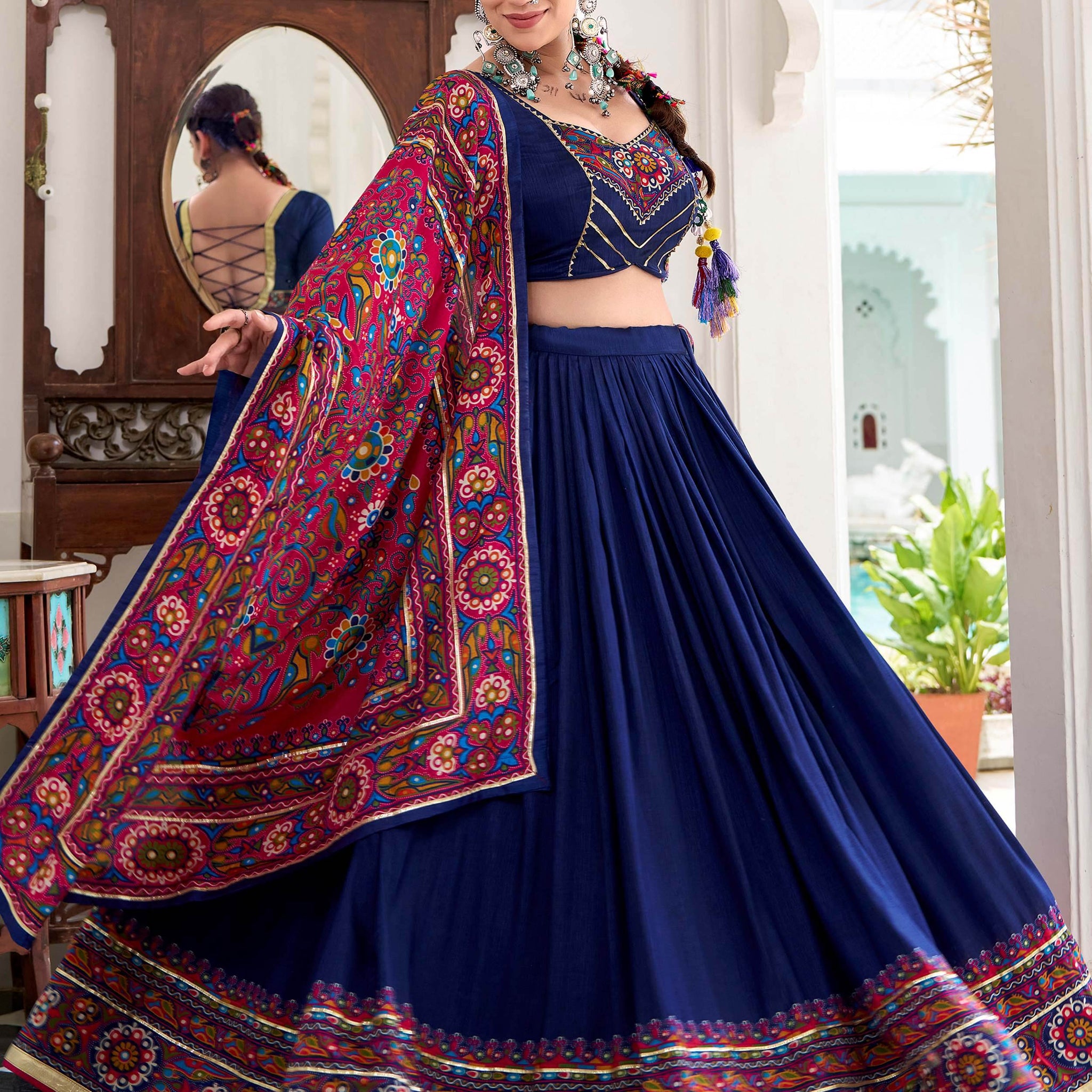 Alluring Navy Blue Gamthi Print Tussar Silk Traditional Lehenga Choli - Zeel Clothing