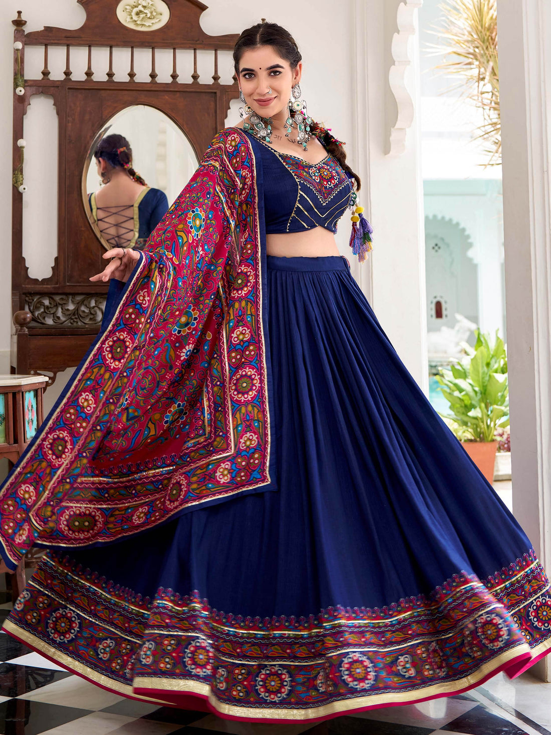Alluring Navy Blue Gamthi Print Tussar Silk Traditional Lehenga Choli - Zeel Clothing