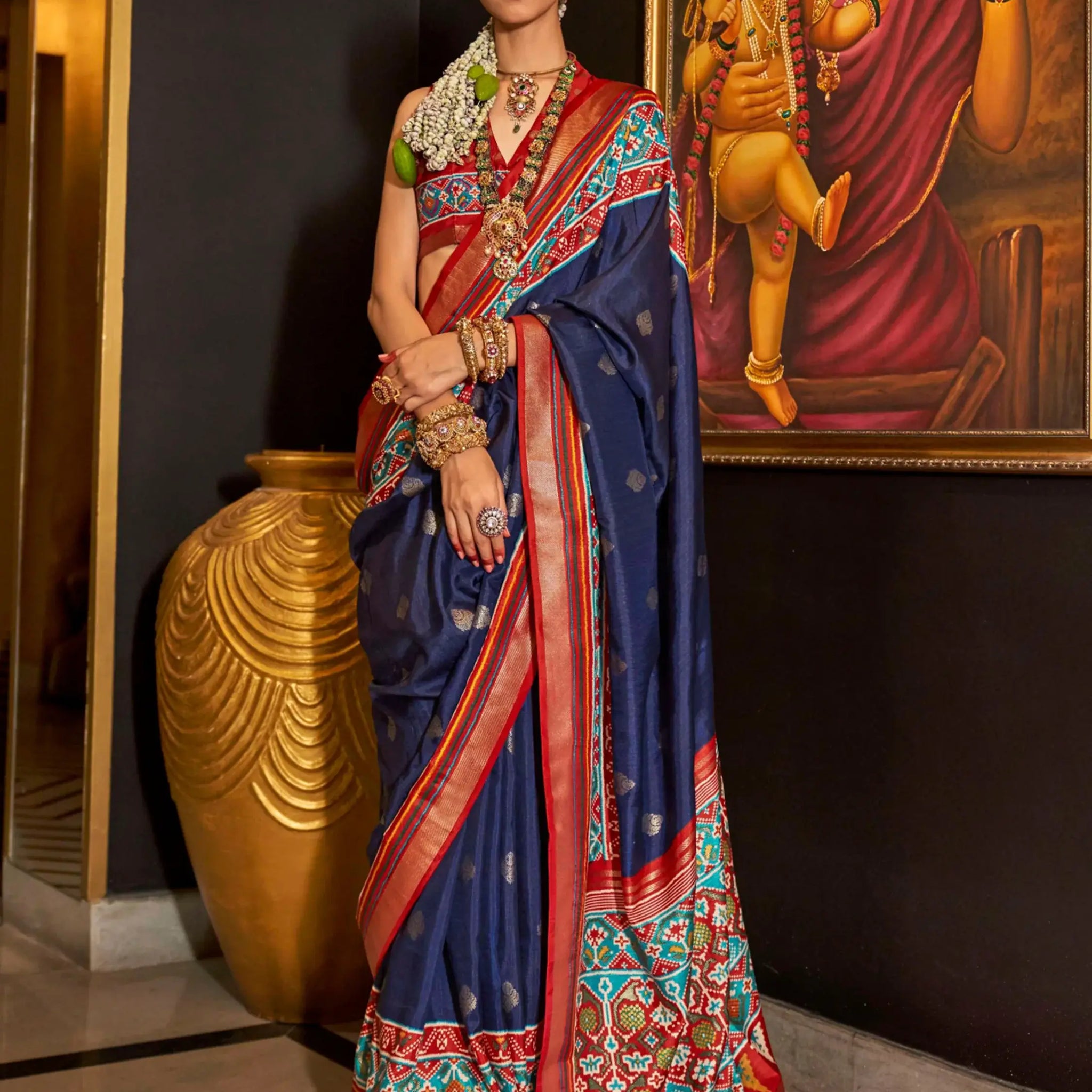 Alluring Navy Blue Patola Printed Silk Teaditional Saree With Blouse - Zeel Clothing