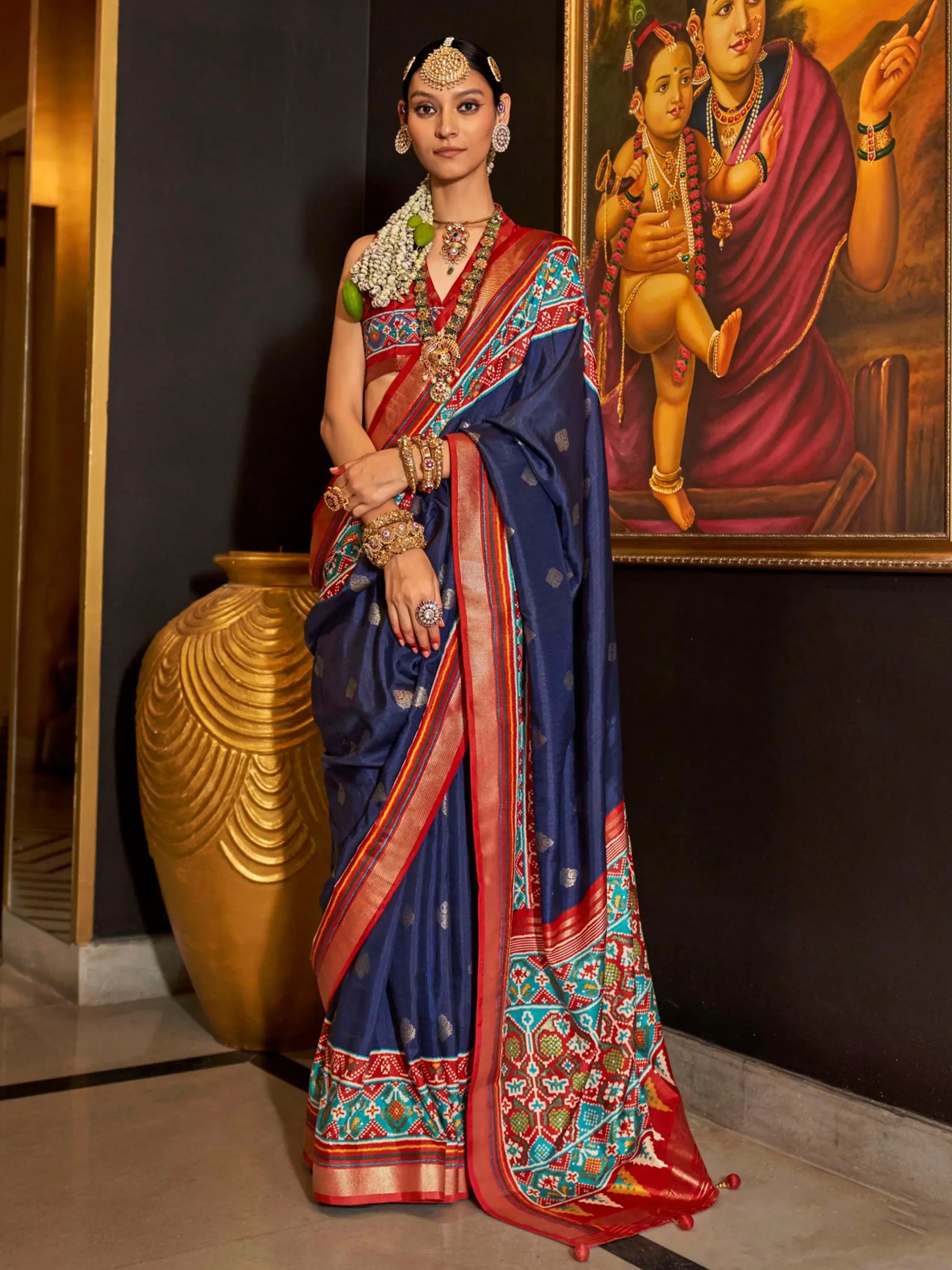 Alluring Navy Blue Patola Printed Silk Teaditional Saree With Blouse - Zeel Clothing