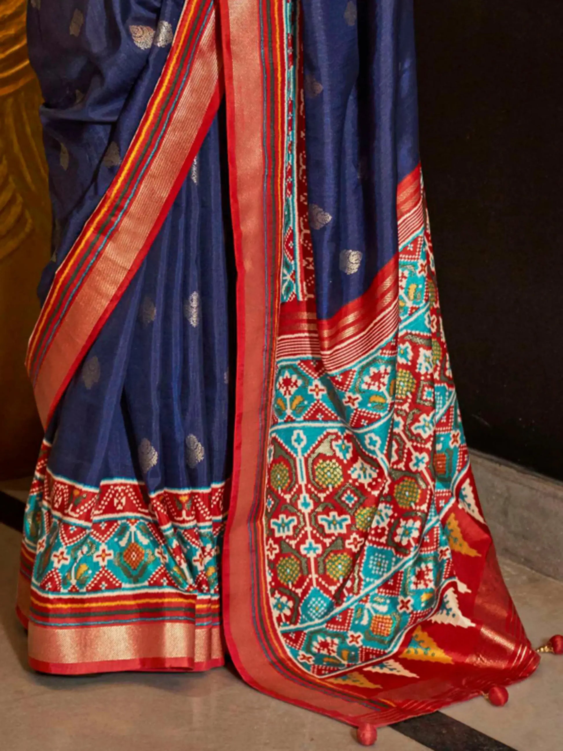 Alluring Navy Blue Patola Printed Silk Teaditional Saree With Blouse - Zeel Clothing