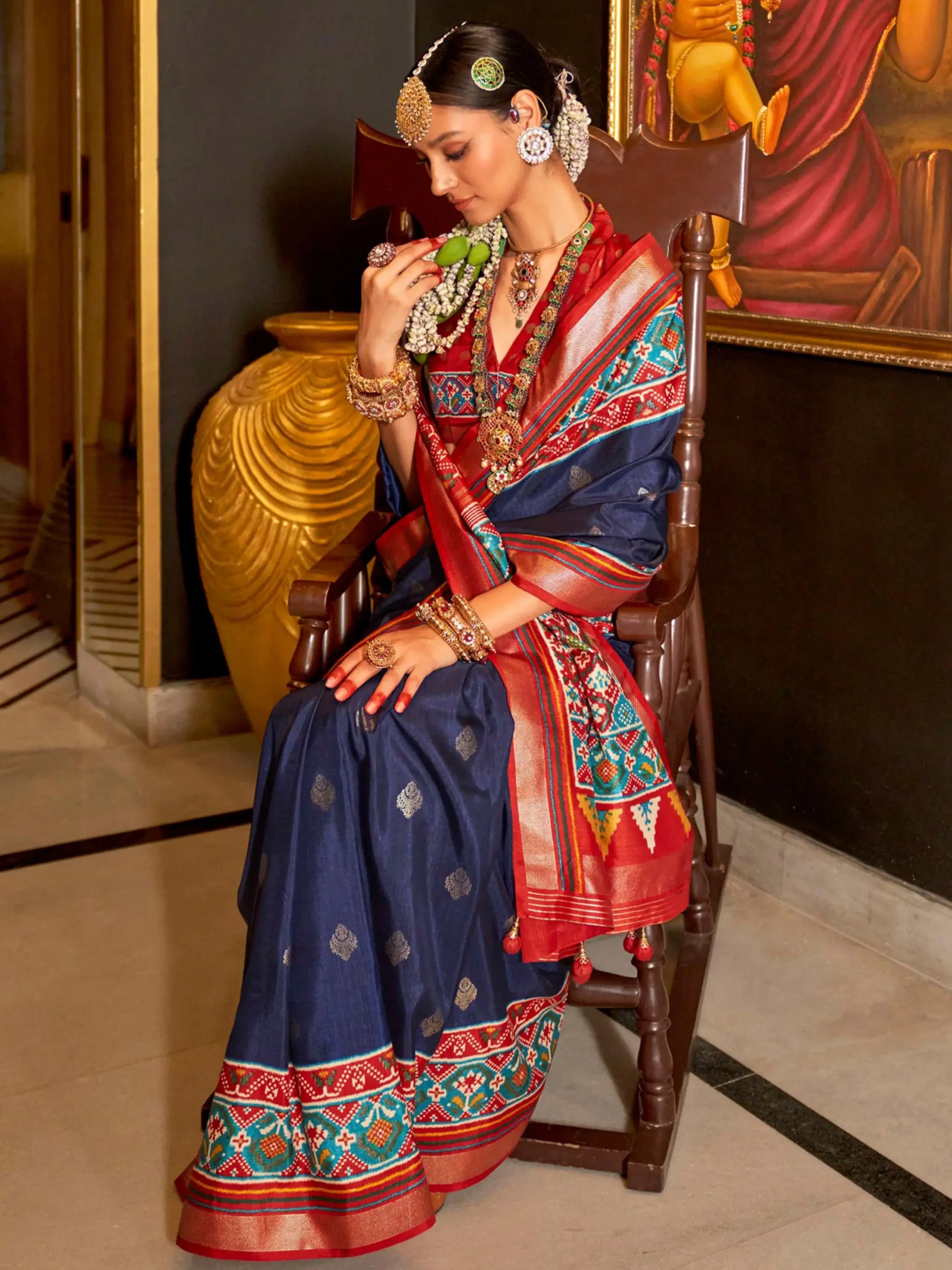 Alluring Navy Blue Patola Printed Silk Teaditional Saree With Blouse - Zeel Clothing