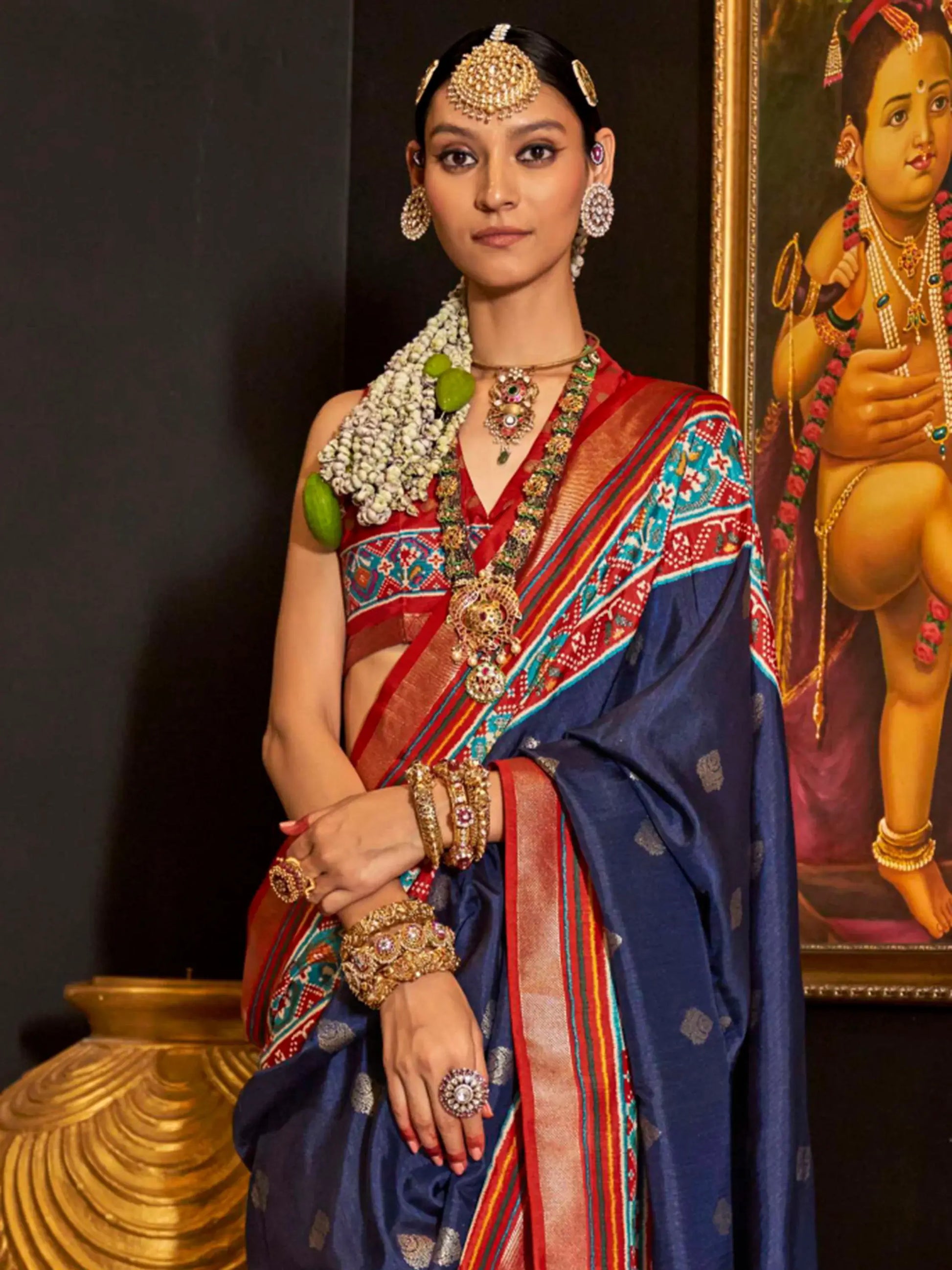 Alluring Navy Blue Patola Printed Silk Teaditional Saree With Blouse - Zeel Clothing