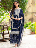 Alluring Navy Blue Sequins Chinon Reception Wear Sharara Suit - Zeel Clothing