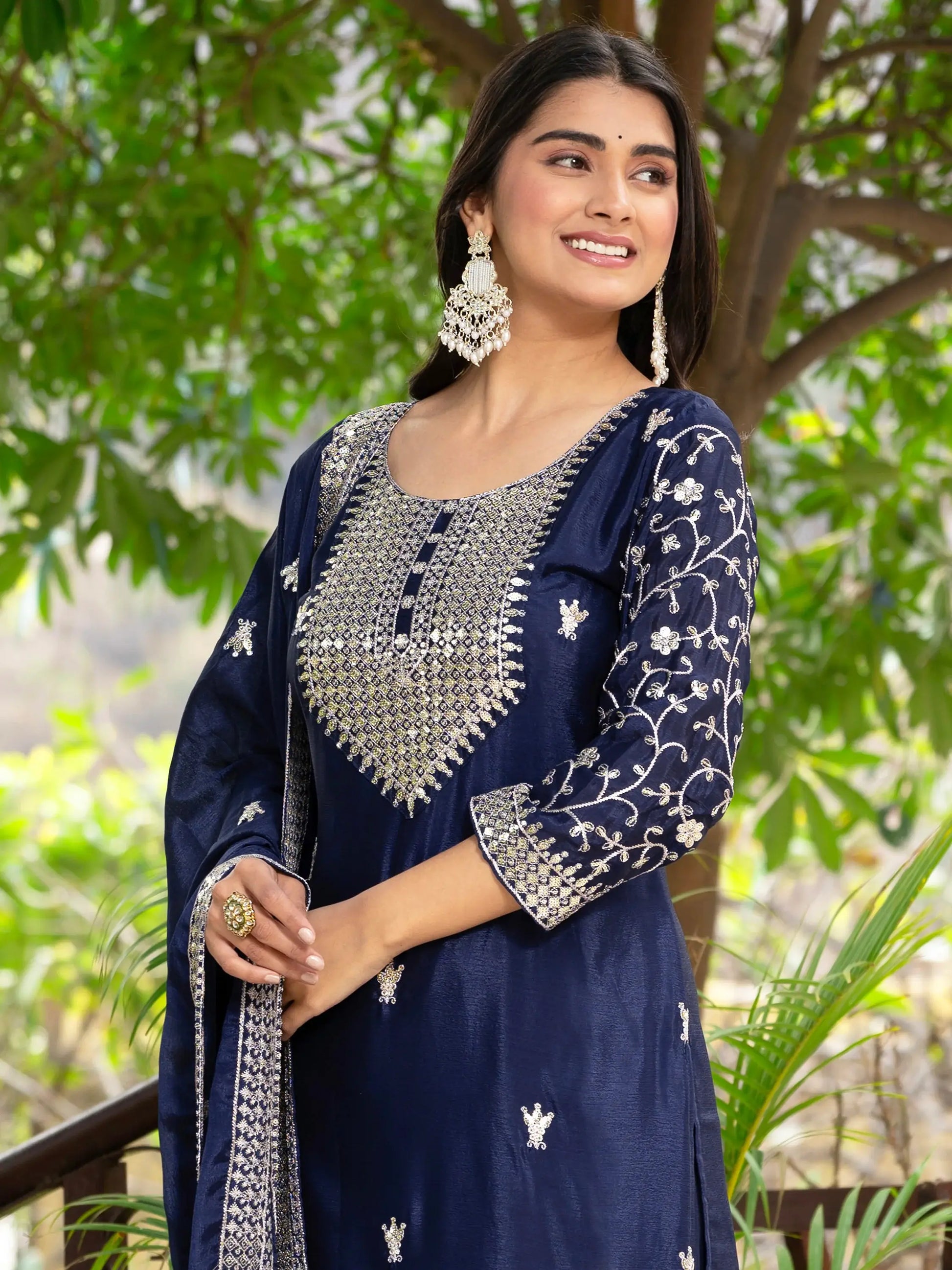 Alluring Navy Blue Sequins Chinon Reception Wear Sharara Suit - Zeel Clothing