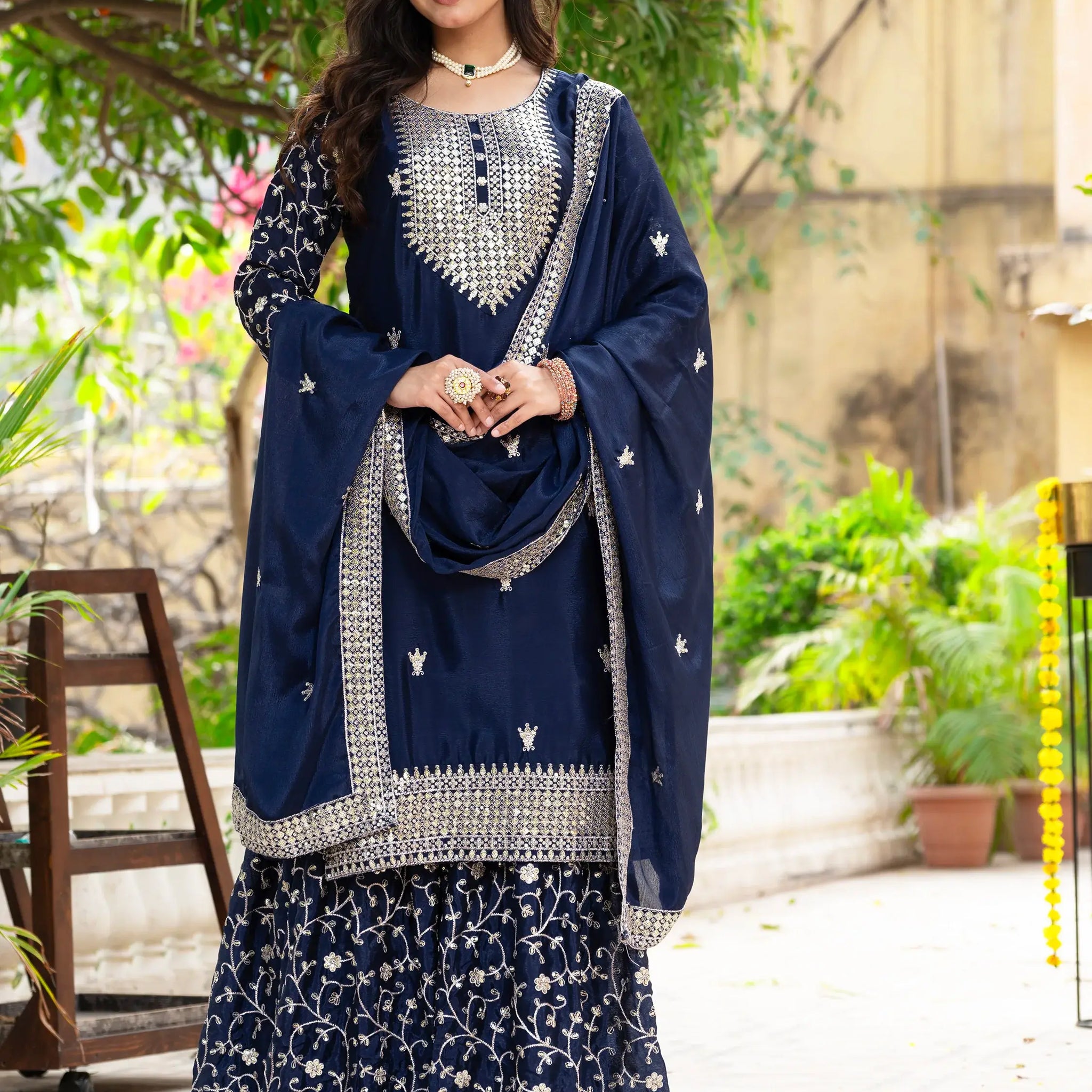 Alluring Navy Blue Sequins Chinon Reception Wear Sharara Suit - Zeel Clothing