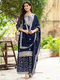Alluring Navy Blue Sequins Chinon Reception Wear Sharara Suit - Zeel Clothing