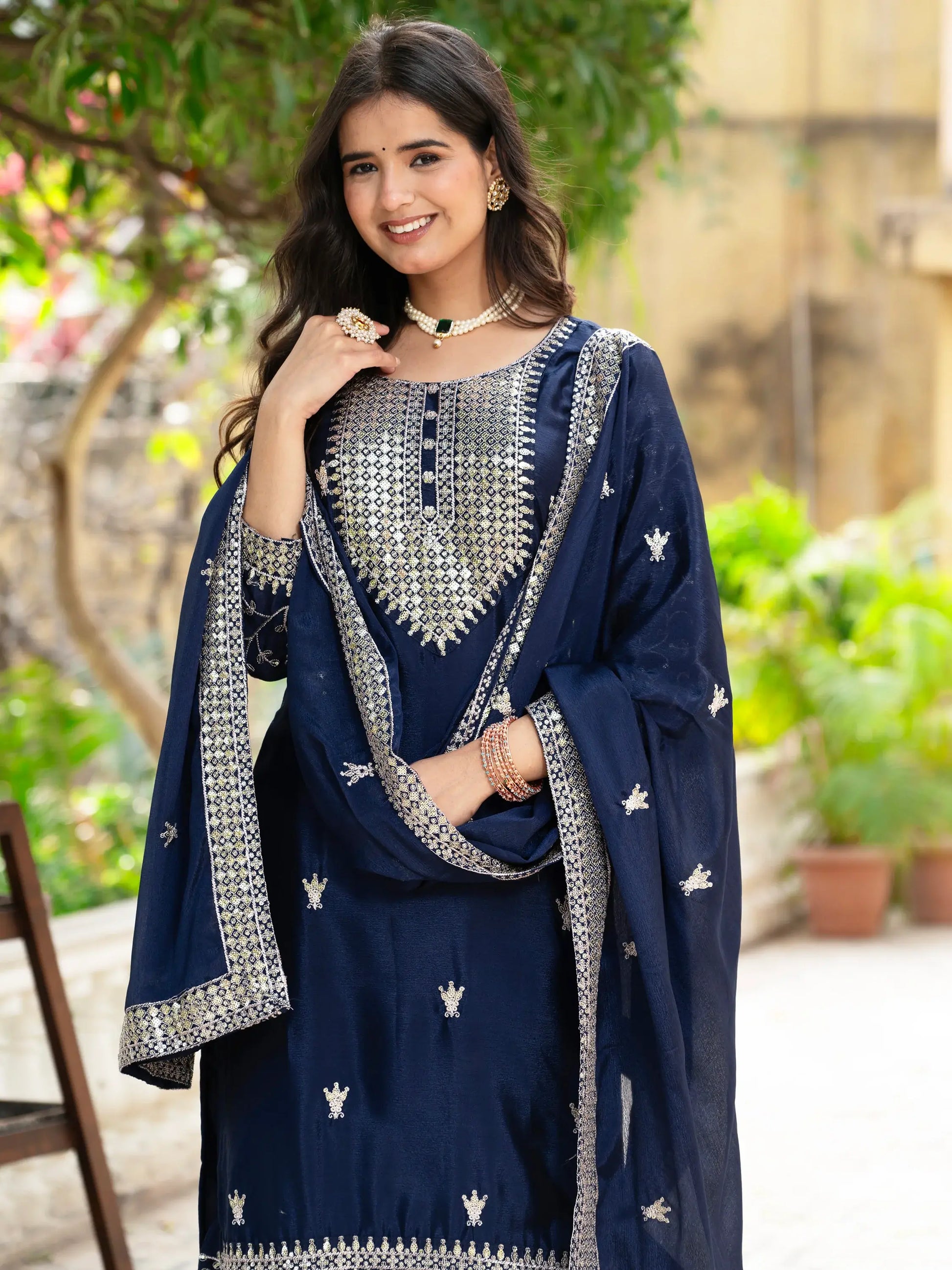 Alluring Navy Blue Sequins Chinon Reception Wear Sharara Suit - Zeel Clothing