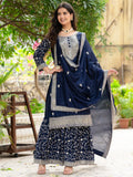 Alluring Navy Blue Sequins Chinon Reception Wear Sharara Suit - Zeel Clothing