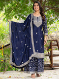 Alluring Navy Blue Sequins Chinon Reception Wear Sharara Suit - Zeel Clothing