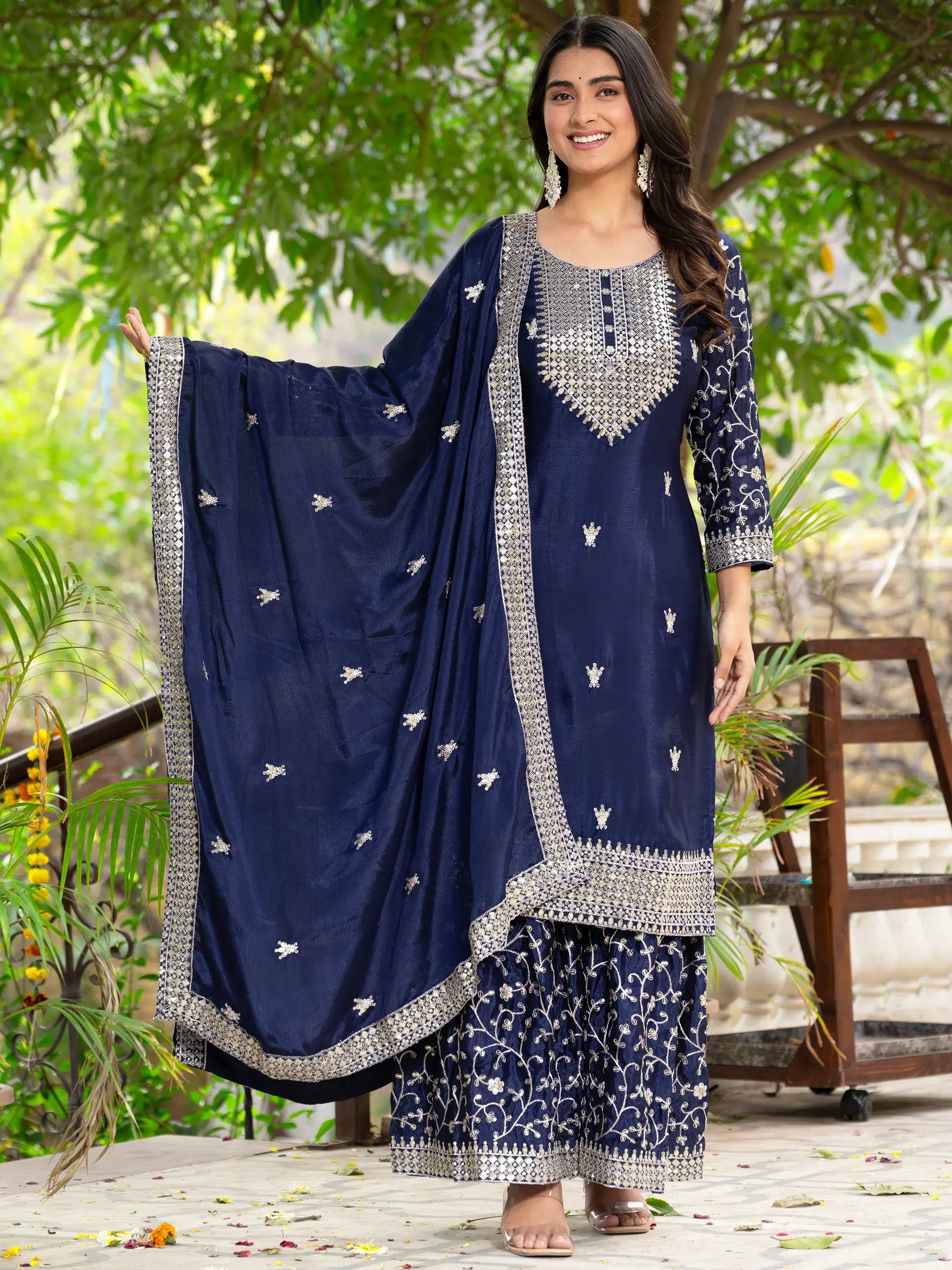 Alluring Navy Blue Sequins Chinon Reception Wear Sharara Suit - Zeel Clothing
