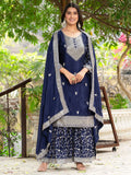 Alluring Navy Blue Sequins Chinon Reception Wear Sharara Suit - Zeel Clothing