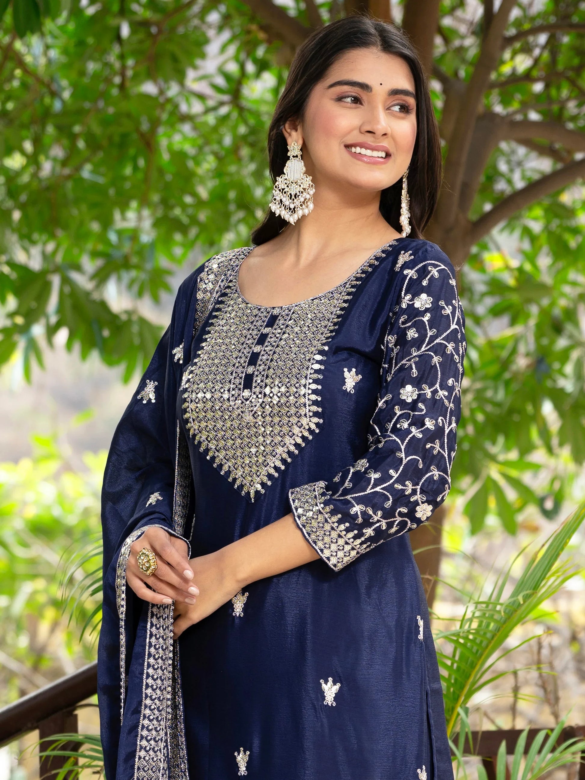Alluring Navy Blue Sequins Chinon Reception Wear Sharara Suit - Zeel Clothing