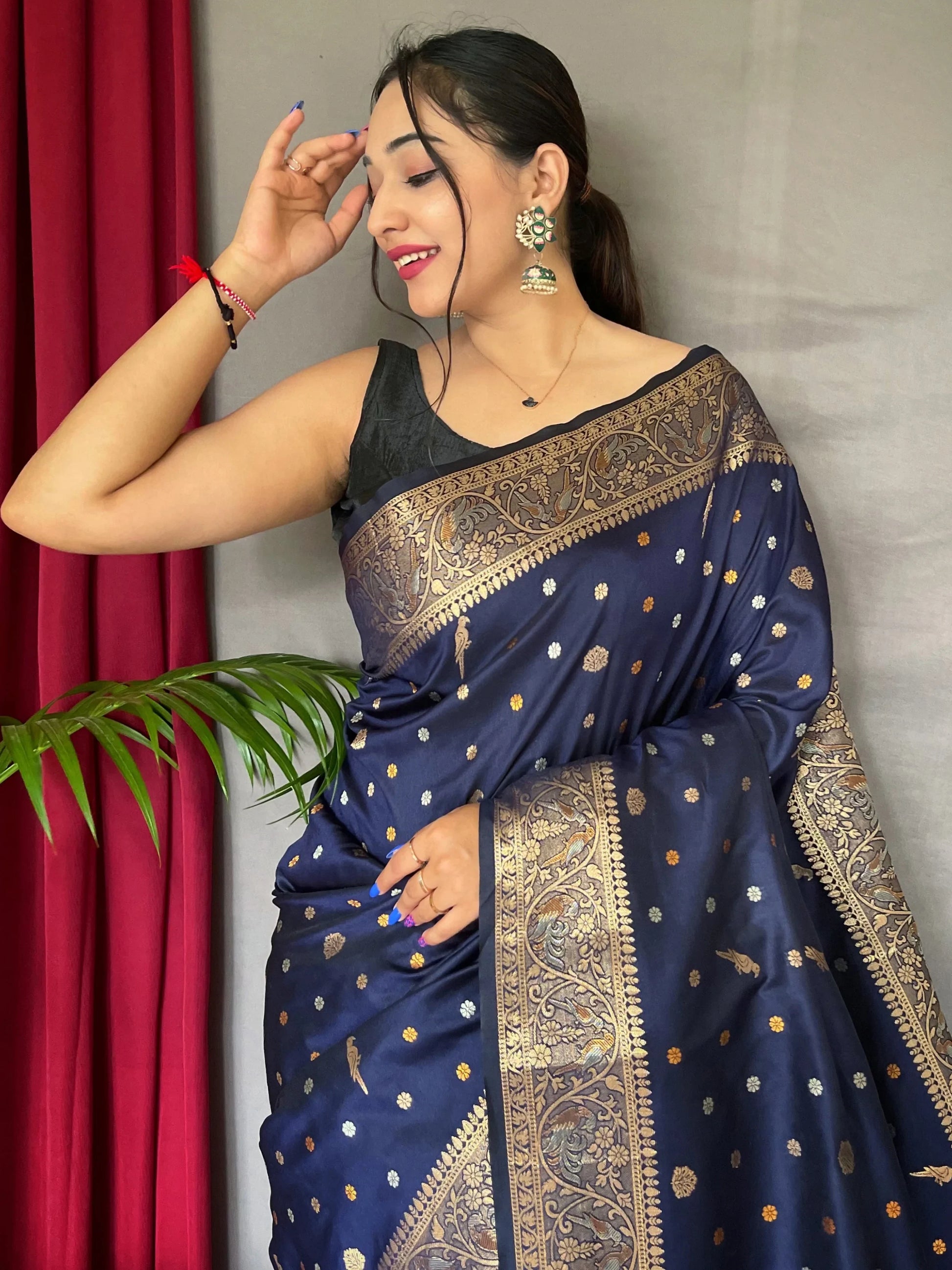 Alluring Navy Blue Zari Woven Silk Festival Wear Saree With Blouse - Zeel Clothing